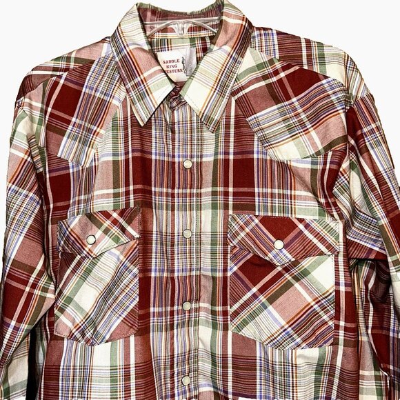 Vintage Saddle King Pearl Snap Plaid Shirt L Cowboy Core USA Western Rodeo 90s - Picture 3 of 6
